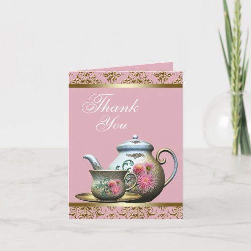 Pink and Gold Teapot and Tea Cup Thank You Cards