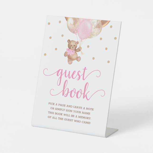 Pink And Gold Teddy Bear Guest Book Pedestal Sign (Front)