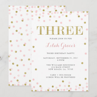Pink and Gold Third Birthday Invitations