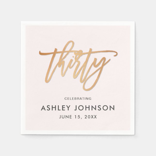 Pink and Gold Thirty Script Typography Birthday Napkins (Front)