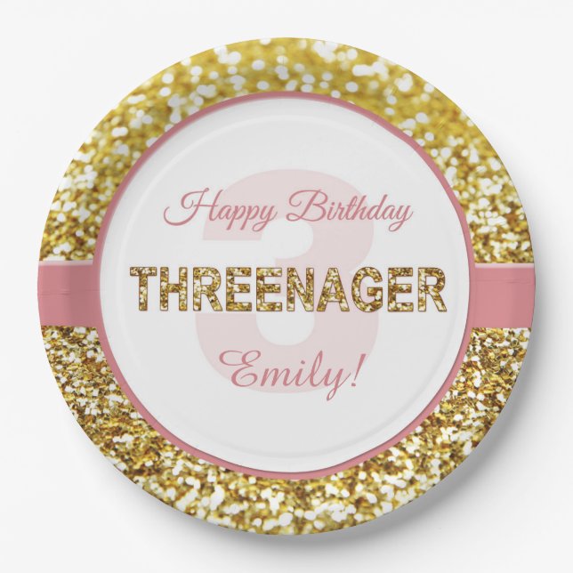 Pink and gold threenager birthday plates (Front)