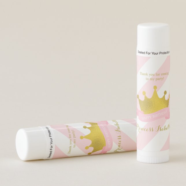 Pink and Gold Tiara Princess Birthday Lip Balm (Front)