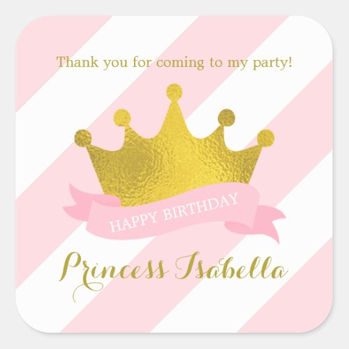 Pink and Gold Tiara Princess Birthday Square Sticker