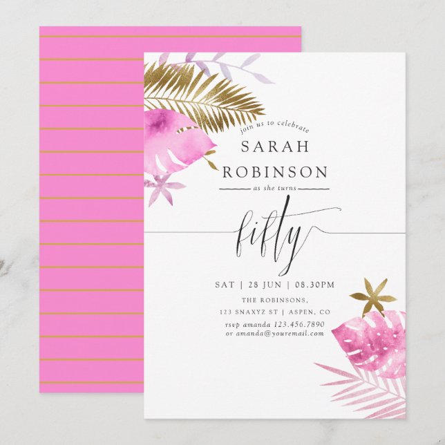 Pink and Gold Tropical 50th Birthday Party Invite (Front/Back)