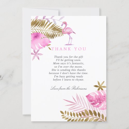 Pink and Gold Tropical Flamingo Baby Shower Thanks Thank You Card