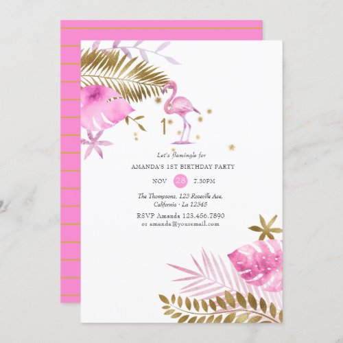 Pink and Gold Tropical Flamingo Girl 1st Birthday Invitation