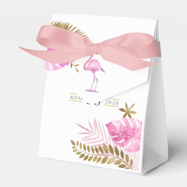 Pink and Gold Tropical Flamingo Girl Baby Shower Favor Boxes (Front Side)