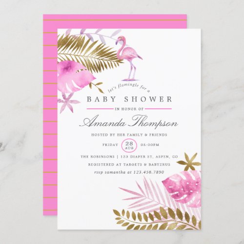 Pink and Gold Tropical Flamingo Girl Baby Shower Invitation