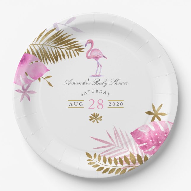 Pink and Gold Tropical Flamingo Girl Baby Shower Paper Plates (Front)