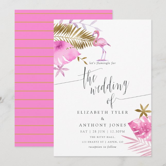 Pink and Gold Tropical Flamingo Wedding Invitation (Front/Back)