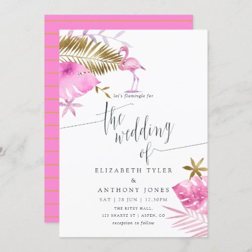 Pink and Gold Tropical Flamingo Wedding Invitation