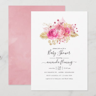Pink and Gold Tropical Floral Baby Shower Invitation