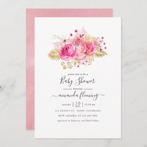 Pink and Gold Tropical Floral Baby Shower Invitation