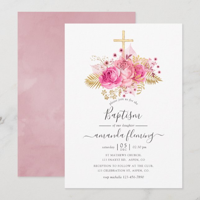 Pink and Gold Tropical Floral Baptism Invitation (Front/Back)
