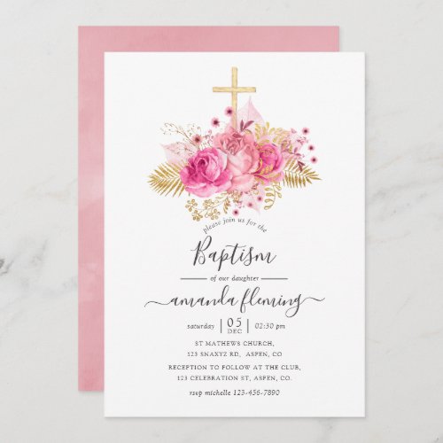 Pink and Gold Tropical Floral Baptism Invitation