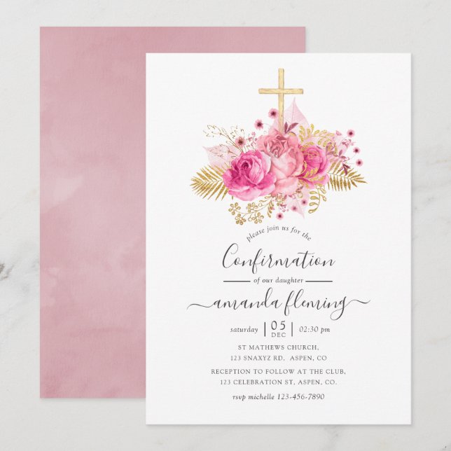 Pink and Gold Tropical Floral Confirmation Invitation (Front/Back)
