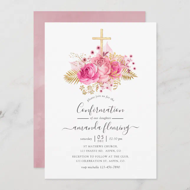 Pink and Gold Tropical Floral Confirmation Invitation | Zazzle