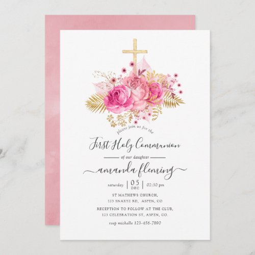 Pink and Gold Tropical Floral First Communion Invitation
