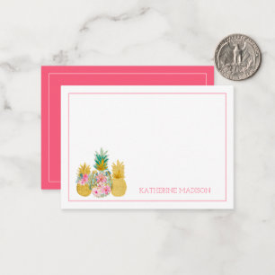 Pink and Gold Tropical Floral Pineapples Note Card