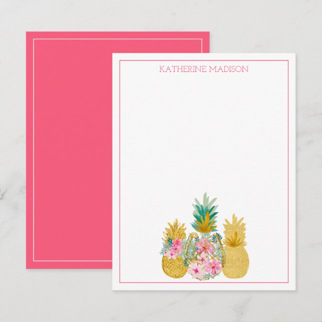 Pink and Gold Tropical Floral Pineapples Note Card (Front/Back)