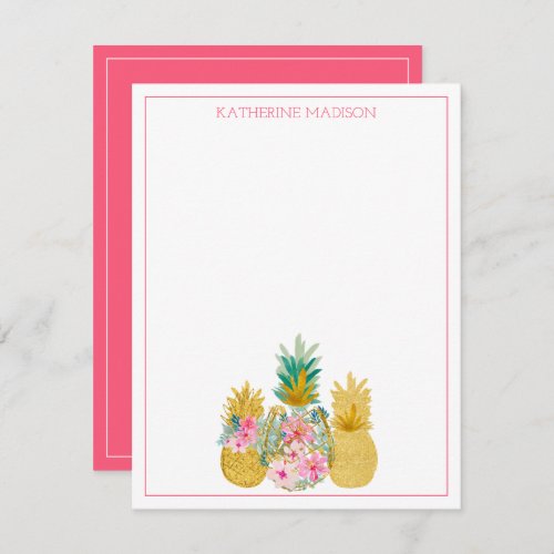 Pink and Gold Tropical Floral Pineapples Note Card