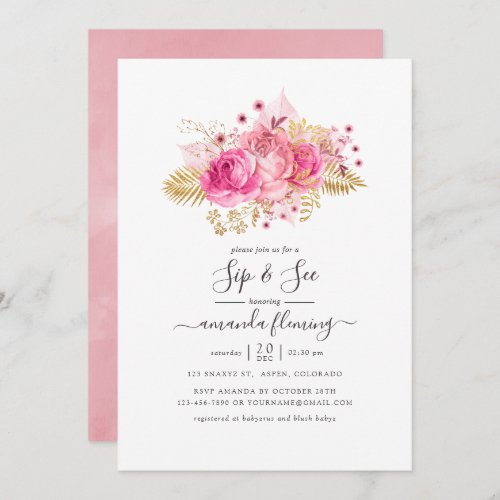 Pink and Gold Tropical Floral Sip and See Invitation