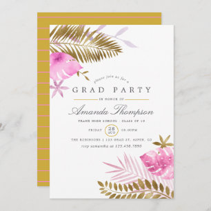 Pink and Gold Tropical Leaves Graduation Party Invitation