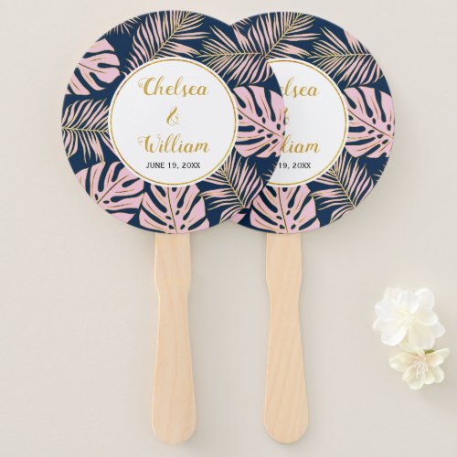 Pink and gold tropical leaves navy blue wedding hand fan