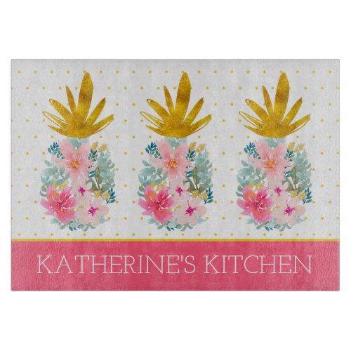 Pink and Gold Tropical Pineapples and Polka Dots Cutting Board