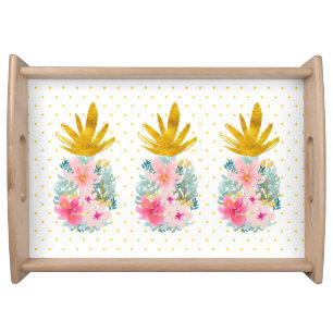Pink and Gold Tropical Pineapples and Polka Dots Serving Tray