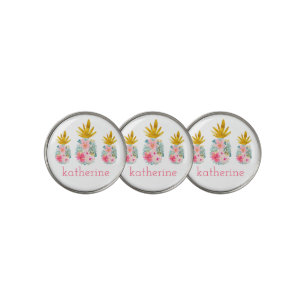 Pink and Gold Tropical Pineapples Personalized Golf Ball Marker