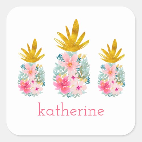 Pink and Gold Tropical Pineapples Personalized Square Sticker