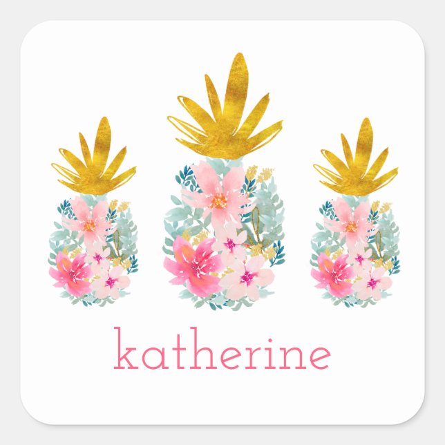 Pink and Gold Tropical Pineapples Personalized Square Sticker (Front)