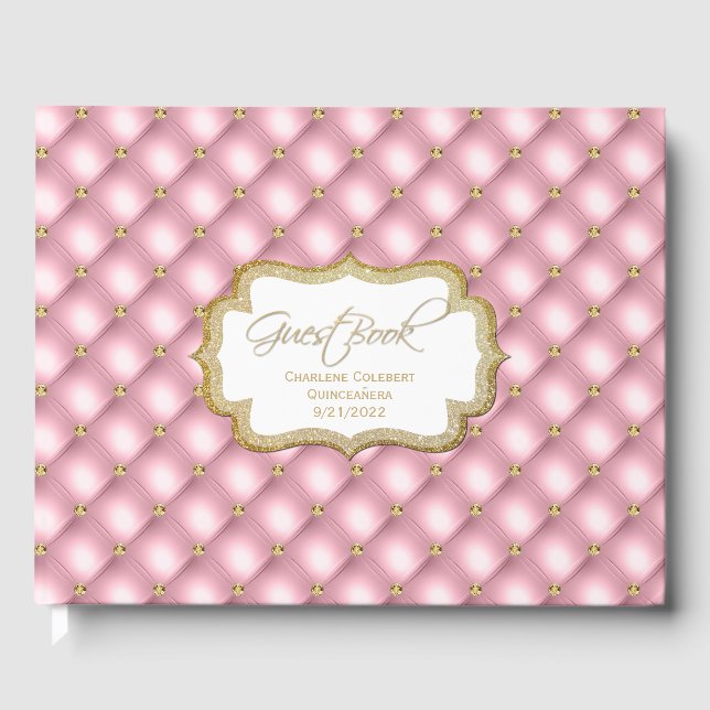 Pink and Gold Tufted Quinceañera  Guest Book (Front)