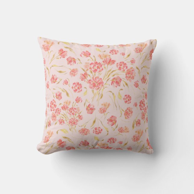 Pink and gold tulip floral watercolor throw pillow (Front)