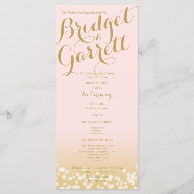 Pink and Gold Twinkle Lights Wedding Program (Front)