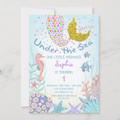 Pink and Gold Under the Sea Mermaid Birthday Invitation