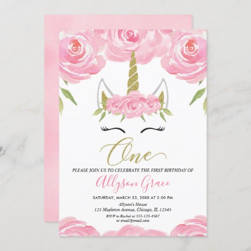 pink and gold Unicorn 1st birthday girl Invitation
