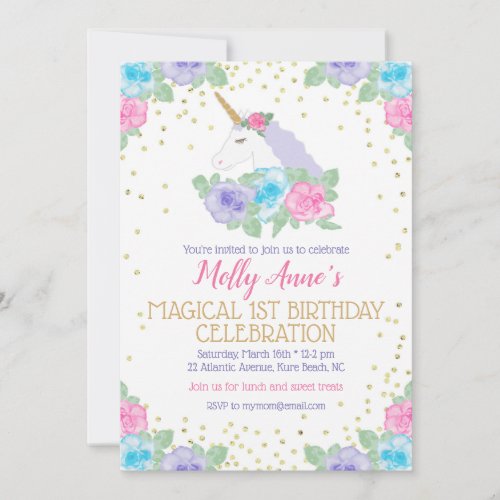 Pink and Gold Unicorn 1st Birthday Invitation