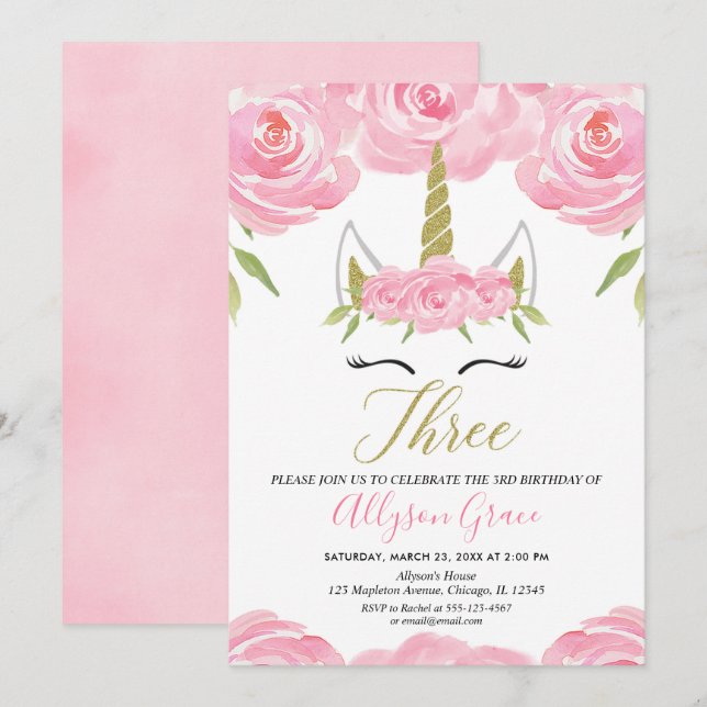 pink and gold Unicorn 3rd birthday girl Invitation (Front/Back)