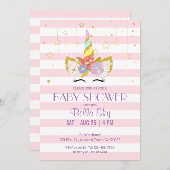 Pink and Gold Unicorn Baby Shower Invitations (Front/Back)