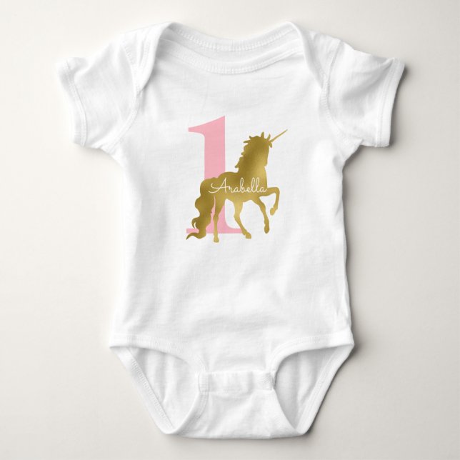 Pink and Gold Unicorn Birthday Baby Bodysuit (Front)