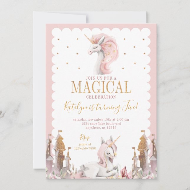 Pink and Gold Unicorn Birthday Invitation Magical (Front)
