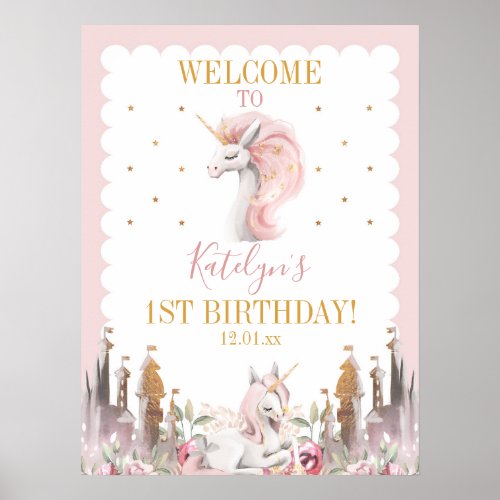 Pink and Gold Unicorn Birthday or Baby Shower Sign
