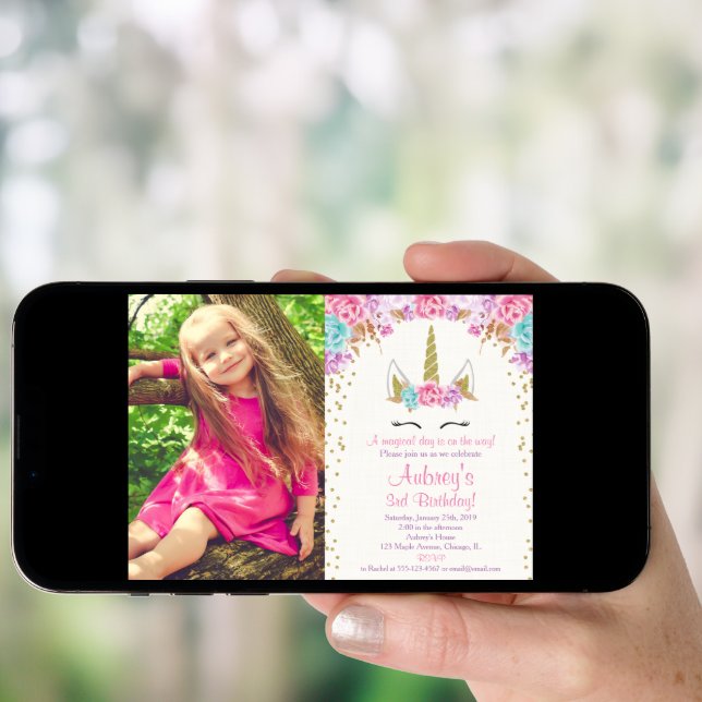 pink and gold unicorn birthday photo invitation (Front Digital)