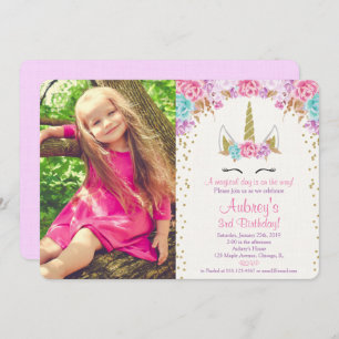 pink and gold unicorn birthday photo invitation