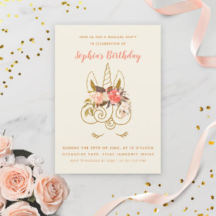 Pink and Gold Unicorn Girls Birthday Invitation