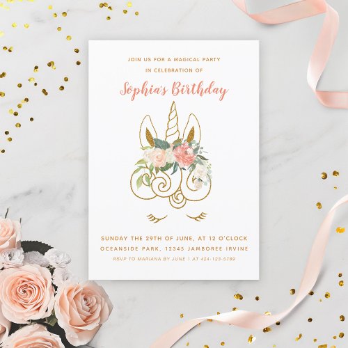 Pink and Gold Unicorn Girls Birthday Invitation