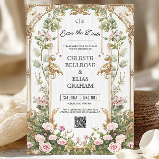 Pink and Gold Vintage Floral Frame Save the Date Invitation