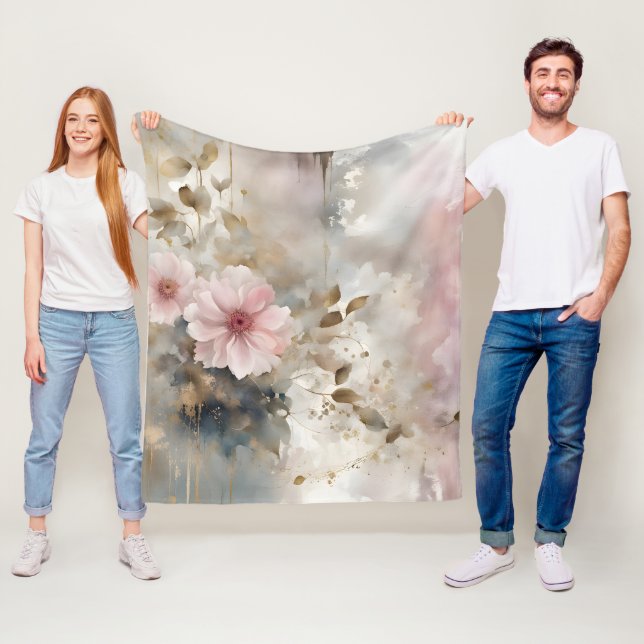 Pink and Gold Wabi-Sabi Flowers Gray Background Fleece Blanket (In Situ)